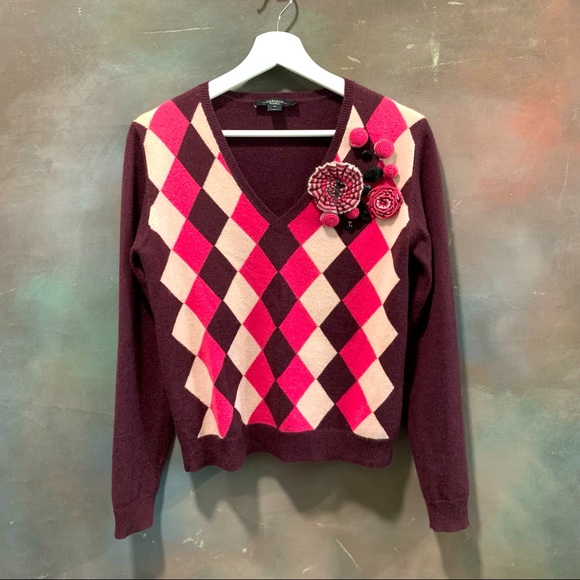 Weekend MaxMara 100% Cashmere Sweater Maglia V-neck Check Flowers details Size M - Picture 1 of 6